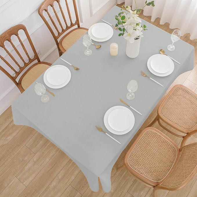 NLMUVW Vinyl Tablecloth with Flannel Backing 100% Waterproof Rectangle PVC Table Cloth Wipe Clean Table Cover for Dining Party Camping Outdoor, Light Grey, 60 X 96 Inch