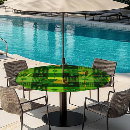 Round Outdoor Tablecloth with Umbrella Hole - Waterproof Patio Table Cover with Zipper Elastic Table Cloth Fits 45"-56" Tables for Party Cafe Garden Decor(St. Patrick's Day Green Leaves)