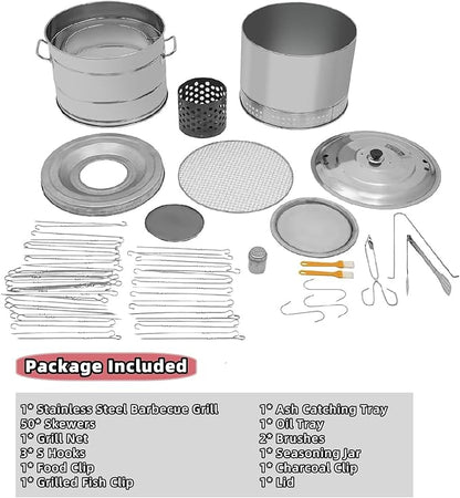 Large Portable Charcoal Grills, Stainless BBQ Grill Barrel, 360° Smokeless Outdoor Barbecue Grill for Travel Camping Grill Outdoor Cooking Picnic Patio Backyard (50 Skewers)