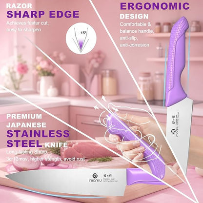 imarku 14-Piece Purple Knife Set with Block – Glides Through Meat, Fish, Veggies & Bread – Standout Color for Stylish Kitchens – Built-in Sharpener – Elegant Gift for Mom, Wife, and Yourself