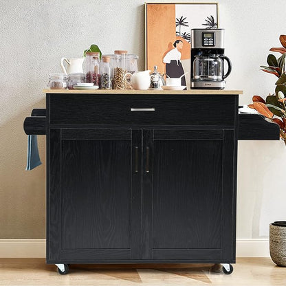 COSTWAY Kitchen Island On Wheels, Rolling Storage Trolley Cart | with Large Cabinet, Drawer, Spice Rack and Towel Rack, Kitchen Serving Utility, 3-Position Adjustable Shelf (Black)
