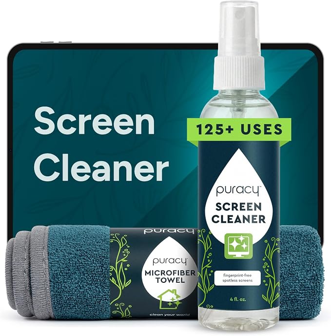 Puracy Screen Cleaner with Microfiber Cloth – All Purpose Phone, Laptop, Computer, TV Screen Cleaner for Smart TV, Streak-Free and Fingerprint-Free (4 oz, Free & Clear)