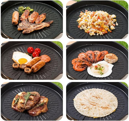 Korean Style 12.6in Grill Pan Non-stick Maifan Coated Smokeless Griddle Pan Compatible for Induction, Gas Stove, Electric Cooktop Stovetop Plate Indoor or Outdoor BBQ (Round)