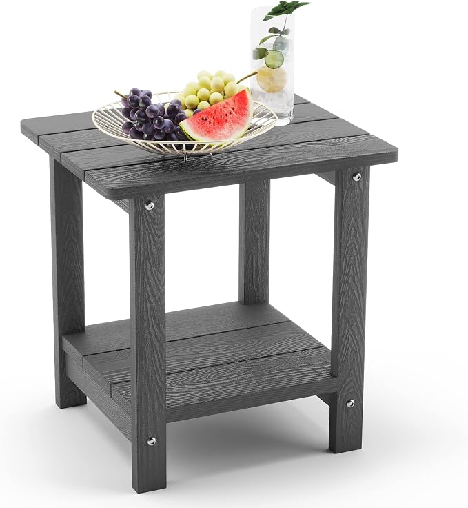 LUE BONA Outdoor Side Table, 2-Tier HDPS Small Patio Table, Dark Grey | 2-Tier Shelf for Extra Storage, Small End Table for Pool, Porch, Balcony, Weather Resistant HDPS, Easy Clean