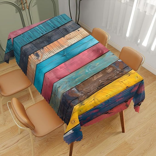 Wood Grain Table Cloth Rectangle Tables Rustic Vintage Colorful Rainbow Stripes Rectangle Tablecloth Picnic Table Cover BBQ Table Cloths Polyester for Kitchen Coffee 52" x 70" 4-6 Seats
