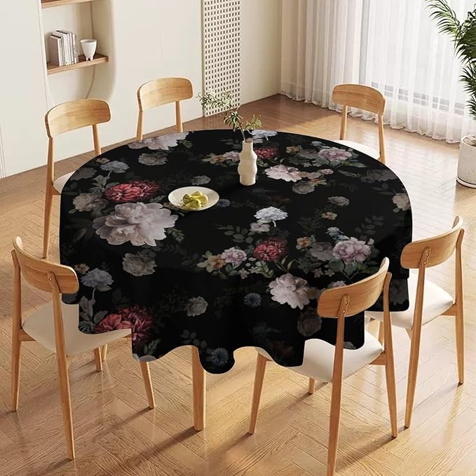 Vintage Florals Round Tablecloth, Black Pink Garden Gothic Flowers Rustic Roses Boho Botanical Plant Water Resistant Wipeable Table Cover for Picnic Party Holiday Kitchen Dinner Table 70"