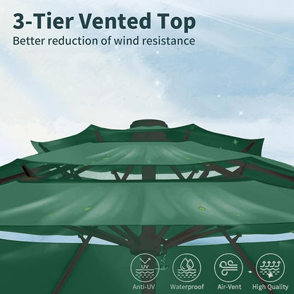 9FT 3 Tiers Patio Umbrella With Auto Tilt And Crank, Outdoor Table Market Umbrella with 8 Sturdy Ribs for Garden, Lawn, Deck, Backyard and Pool