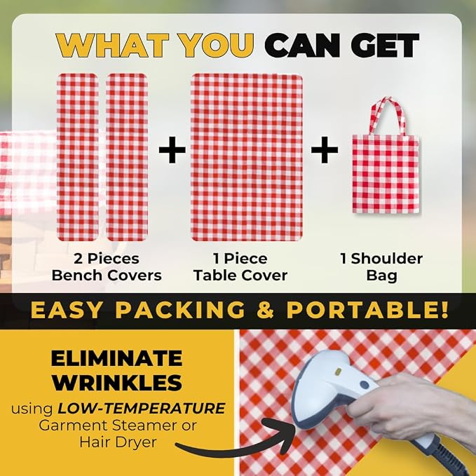 Vinyl Fitted Picnic Table Cover with Bench Covers & Bag 6ft Red Checkered | Vinyl Fitted Picnic Table Cover with Bench Covers and Bag, Outdoor Waterproof Windproof Picnic Tablecloth with Elastic Edges.