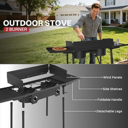 2 Burner Propane Camp Stove | 150,000 BTU | High Pressure Gas Burners | CSA Certified | Side Shelves | Windscreen | Waterproof Cover | Detachable Legs | Ideal for Camping Backyard Outdoor Cooking