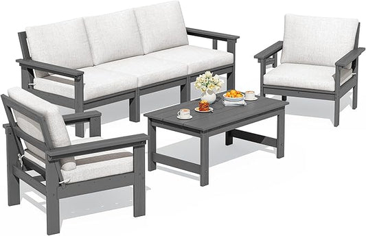 SERWALL HDPE Patio Conversation Set, 6-piece Sectional Outdoor Furniture Set, All Weather Outdoor Couch Set Patio Furniture Set for Deck, Lawn, Grey Frame with Khaki Cushion