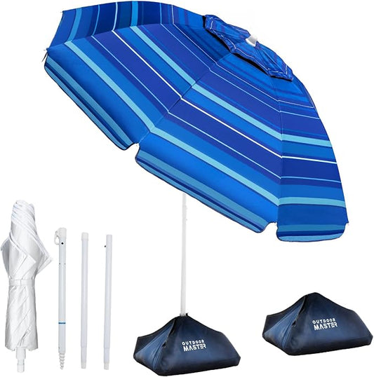 OutdoorMaster 7.2ft Beach Umbrellas for Sand with Sandbag & Anchor | 7.2ft Adjustable Umbrella for Beach, Wind Resistant, Portable UPF50+ Sunshade with Carry Bag for Patio