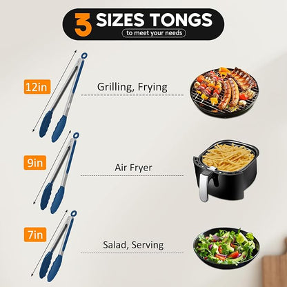 Kitchen Tongs, Stainless Steel Cooking Tongs with Silicone Tips, 600ºF High Heat-Resistant Non Scratch Locking Tongs for Cooking BBQ Grilling Air Fryer Pans, Set of 3 (7" 9" and 12") Navy Blue