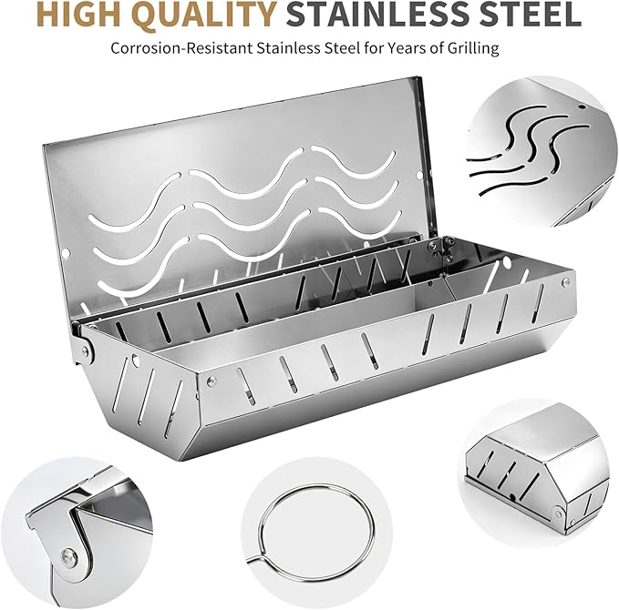 2PCS Stainless Steel Smoker Box for Weber, Gas Grill Smoker Box with 2 Hooks, Wood Chip Box for Pellet Grill, Durable BBQ Smoking Accessory for Outdoor Cooking,Grilling Gifts for Men