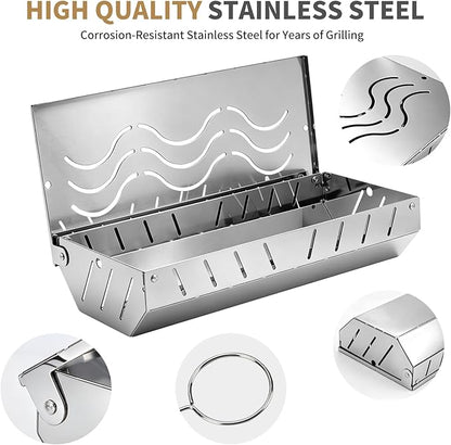 2PCS Stainless Steel Smoker Box for Weber, Gas Grill Smoker Box with 2 Hooks, Wood Chip Box for Pellet Grill, Durable BBQ Smoking Accessory for Outdoor Cooking,Grilling Gifts for Men