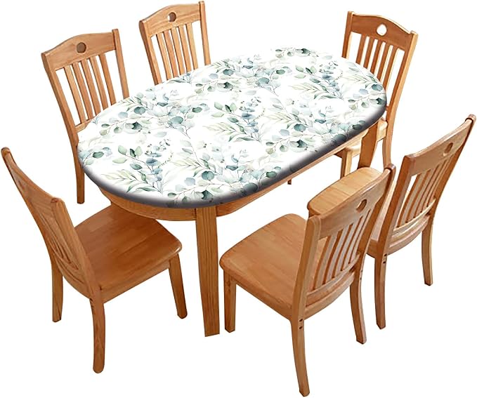 Spring Leaf Oval Elastic Fitted Tablecloth, Floral Sage Green Leaves Elastic Edged Polyester Wipeable Table Cloths, Indoor Holiday Family Banquet and Outdoor Patio Use, Fits for 42" x 60" Oval Table