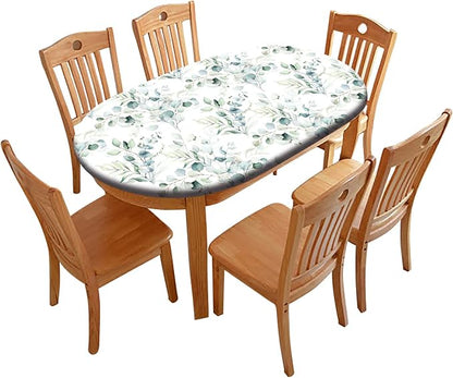 Spring Leaf Oval Elastic Fitted Tablecloth, Floral Sage Green Leaves Elastic Edged Polyester Wipeable Table Cloths, Indoor Holiday Family Banquet and Outdoor Patio Use, Fits for 42" x 60" Oval Table
