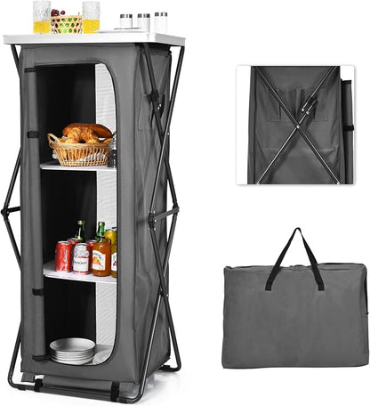 Goplus Folding Camping Storage Cabinet, Pop Up Outdoor Camping Kitchen Station with Large 3-Tier Storage Organizer, Carry Bag, Easy Set Up Portable Compact Camping Table for BBQ Picnic Backyard (55'')