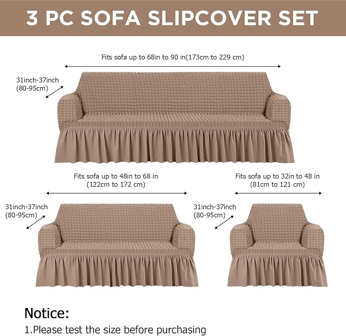 Fanfanwin 3 Pcs Sofa Slipcover Set for Couch Cushion Durable Washable High Elastic Stretchable Furniture Couch Covers with Skirt for Sofa Loveseat Arm Chair(Khaki,Seersucker)