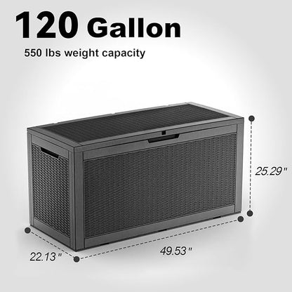 EasyUp 120 Gallon Outdoor Storage Box Waterproof, UV Resistant Resin Deck Box with Hydraulic Rod, Reinforced Stability for Patio, Garden, Rattan Black