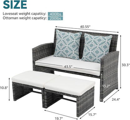 OC Orange-Casual Patio Furniture Set,3 Pieces Outdoor Wicker Conversation Loveseat with Ottomans for Porch, Gray Rattan White Cushions