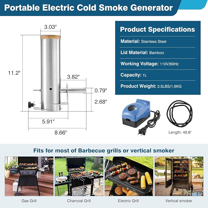 IRONWALLS Electric Cold Smoke Generator with Lid & Air Pump, Portable Barbecue Smoker, Wood Chips Pellets Smoker Generator with 1L Capacity, Stainless Steel Hot and Cold Smoke Maker Machine for Food