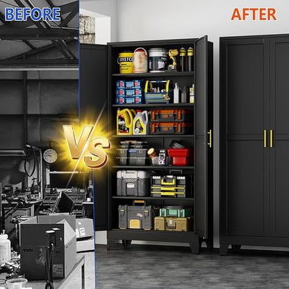 GAIOUS 75'' Tall Metal Garage Storage Cabinet,File Cabinet with 2 Doors and 5 Adjustable Shelves, Outdoor Steel Tool Cabinet for Home,Office,Warehouse,Garage,Black