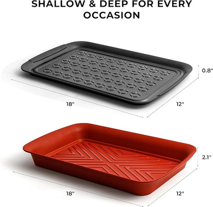 TP Deep Grilling Prep and Serve Trays, 18" x 12", Set of 2, Black&Red | Melamine BBQ Trays, Serving Platters for Meats, Raw and Cooked Food Separation, Lightweight, Break-resistant