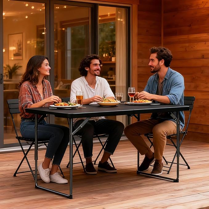 2 Pack Folding Table, 4FT Foldable Picnic Table with Adjustable Height, Heavy Duty Fold-in-Half Portable Table for Weddings, Camping, RV Travel, Parties, BBQs, Easy to Fold and Store, Black
