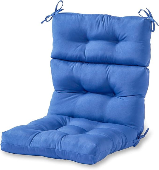 Outdoor Tufted High-Back Chair Cushions, One-Piece Hinged Seat and Back Design, Reversible with 4 Ties, Durable Polyester Fabric, Recycled Fiber Fill - Single, Marine Blue