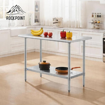 ROCKPOINT SS304 Top All Stainless Steel Table for Prep & Work 24x48 Inches, NSF Commercial Kitchen Heavy Duty Table with Adjustable Undershelf for Restaurant,Kitchen, Home and Hotel