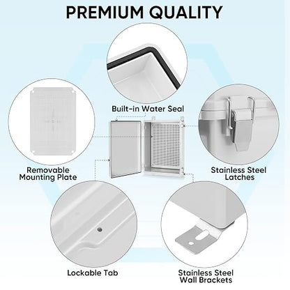 TICONN Outdoor Electrical Box Waterproof, Junction Box IP67 ABS Plastic Enclosure with Hinged Cover with Mounting Plate, Wall Brackets, Cable Glands (Off-White, 13.8"x9.8"x5.9")