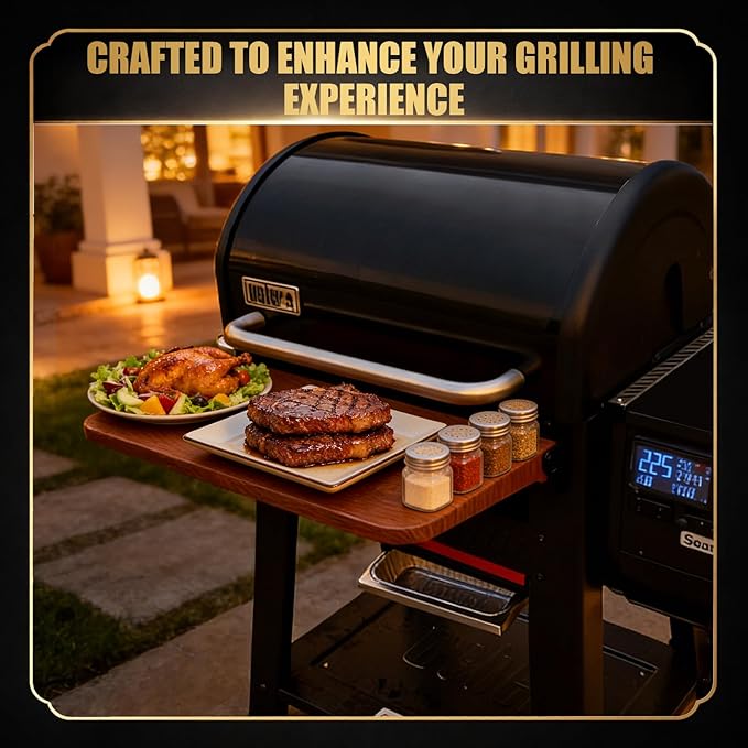 QuliMetal Foldable Front Shelf for Weber Searwood 600, 22.80" Grill Front Table with Wood-Grain Finish, BBQ Prep Shelf Accessory, Quality Steel Front Shelf