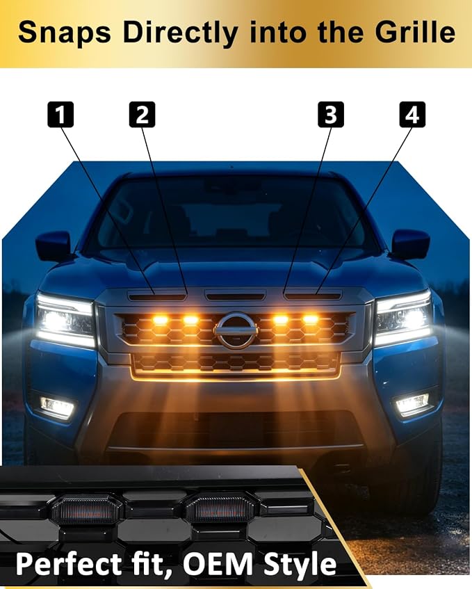 LED Front Grill Lights for Nissan Frontier 2025 2026 S SV SL, Yellow | Frontier Raptor Grille Lights, Frontier LED Lights Upgrade, Snap-in Installation, OEM Style, Off-road Driving