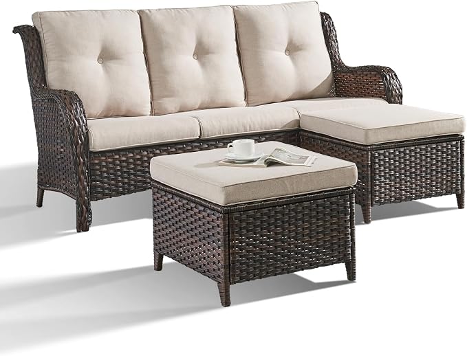 Outdoor Patio Furniture - 3 Seater Outdoor Rattan Wicker Sofa Patio Couch with Ottoman for Porch Deck Garden Backyard - Brown/Beige