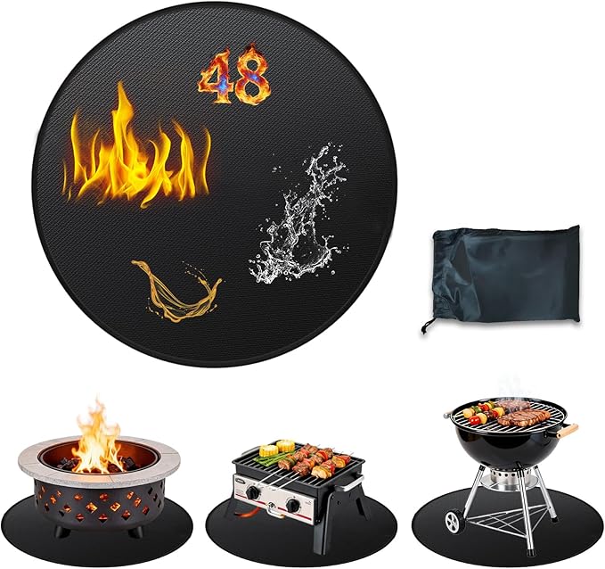 48'' Fire Pit Mat, Double-Sided Fireproof Under Grill Deck Protector Mat, Round BBQ Fireplace Pad for Patio, Indoor Outdoor Use, Waterproof/Oil-Proof/Reusable, Black