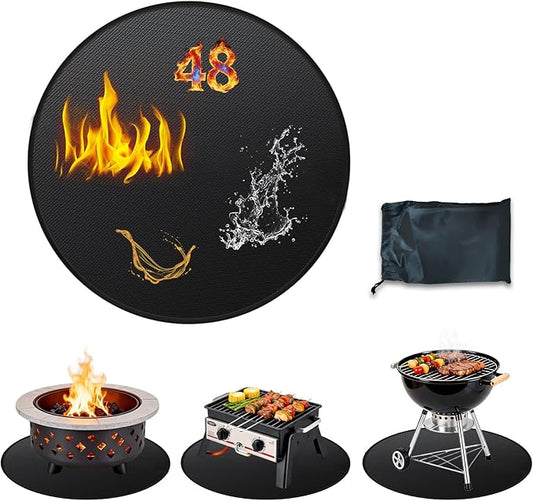 48'' Fire Pit Mat, Double-Sided Fireproof Under Grill Deck Protector Mat, Round BBQ Fireplace Pad for Patio, Indoor Outdoor Use, Waterproof/Oil-Proof/Reusable, Black