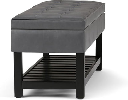 SIMPLIHOME Cosmopolitan Storage Ottoman Bench - 44 inch Wide Upholstered Vegan Leather Rectangle Storage Ottoman in Stone Grey, Transitional Bench for Bedroom with Tufted Lift-Top and Open Shelf