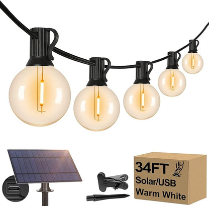 34FT G40 Solar String Lights, Globe Outdoor String Lights with 15 E12 Waterproof LED Bulbs, 2700K Shatterproof Patio Lights, Solar Powered Hanging Lights