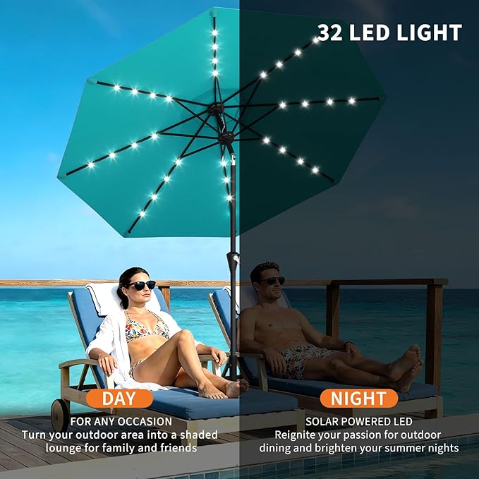 Garvee 10FT Solar Patio Umbrella with 32 LED Lights - Outdoor Table Umbrella with Crank Lift, Push Button Tilt and 8 Sturdy Ribs - Market Umbrella UV Protection for Pool, Deck, Yard, Garden -Sky Blue