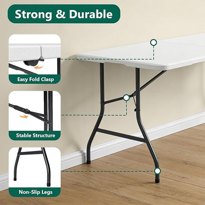 Folding Table, 5FT Foldable Picnic Table with Carrying Handle, Heavy Duty Fold-in-Half Portable Table for Weddings, Camping, RV Travel, Parties, BBQs, and Indoor Use, Easy to Fold and Store, White
