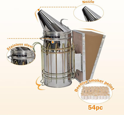 Bee Hive Smoker Kit – Stainless Steel Smoker with Heat Shield & 54 Smoking Pellets, Ideal Beekeeping Supplies for Beginners & Professionals