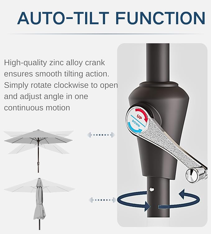 9FT Auto-Tilt Patio Umbrella|Outdoor Market Table Umbrella with 8 Fiberglass Ribs for Pool,Deck&Backyard