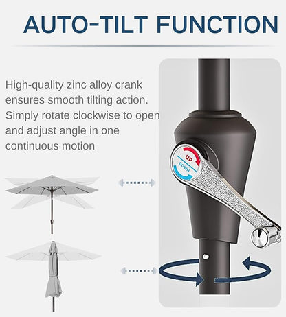 9FT Auto-Tilt Patio Umbrella|Outdoor Market Table Umbrella with 8 Fiberglass Ribs for Pool,Deck&Backyard