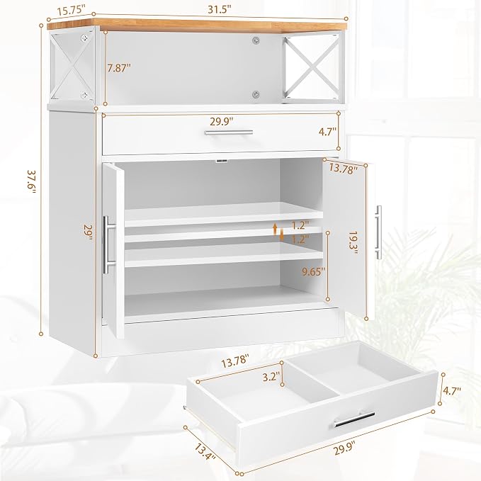 Shintenchi Kitchen Buffet Cabinet with Adjustable Shelf, Modern Kitchen Storage Cabinet,Farmhouse Coffee Bar Cabinet（White）
