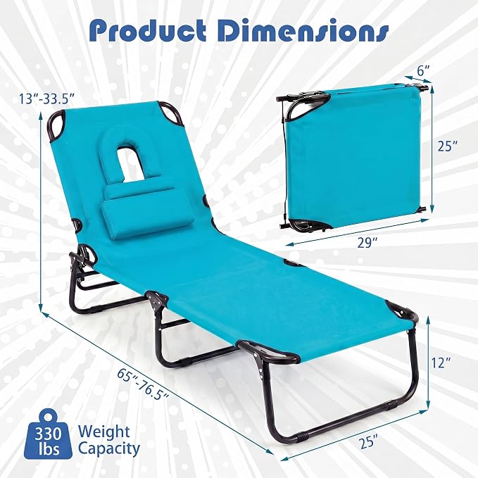 Goplus Tanning Chair, Folding Beach Lounge Chair with Face Hole, Removable Pillow, Carry Strap, Position Adjustable, Sunbathing Chair, Portable Outside Lounge Chair for Patio Pool