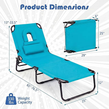 Goplus Tanning Chair, Folding Beach Lounge Chair with Face Hole, Removable Pillow, Carry Strap, Position Adjustable, Sunbathing Chair, Portable Outside Lounge Chair for Patio Pool