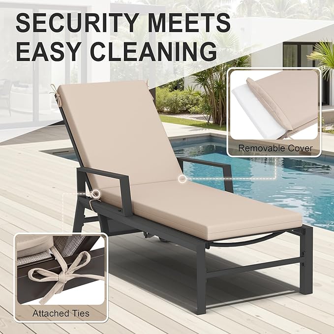Crestlive Outdoor Chaise Lounge Cushions, 3 Years Fade Resistant Water Resistant Lounge Chair Cushion, 80''L x 23''W, Set of 2, Beige