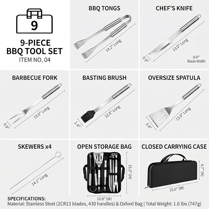 9-Piece Stainless Steel BBQ Tool Set with Carry Bag, Grill Utensils Kit with Spatula, Fork, Tongs, Knife, Skewers, Oil Brush for Outdoor Grill, Camping, Tailgating, Cookouts, BBQ Gifts