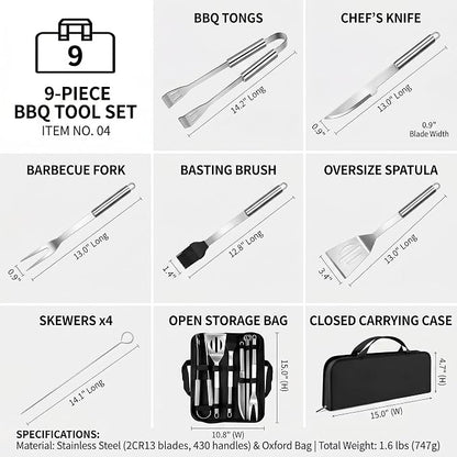 9-Piece Stainless Steel BBQ Tool Set with Carry Bag, Grill Utensils Kit with Spatula, Fork, Tongs, Knife, Skewers, Oil Brush for Outdoor Grill, Camping, Tailgating, Cookouts, BBQ Gifts