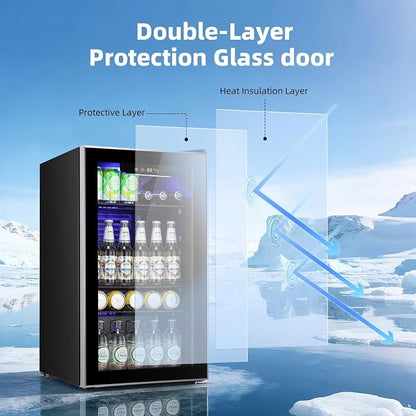 Antarctic Star mini fridge -130 can beverage refrigerator cooler glass door for soda beer or wine, small drink dispenser for home, office bar 3.2cu.ft